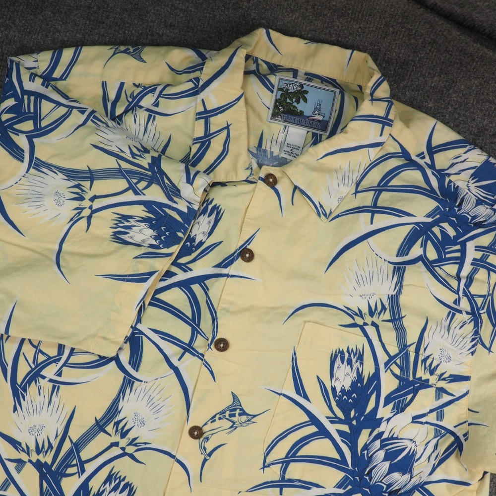 AFTCO Bluewater Shirt Men XL Button Up Yellow Floral Marlin Fishing Camp USA